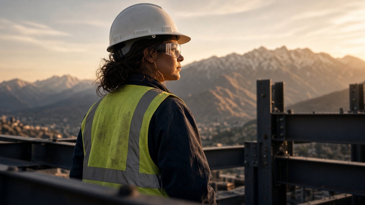 Tradeswoman in a hard hat overlooking the Wasatch